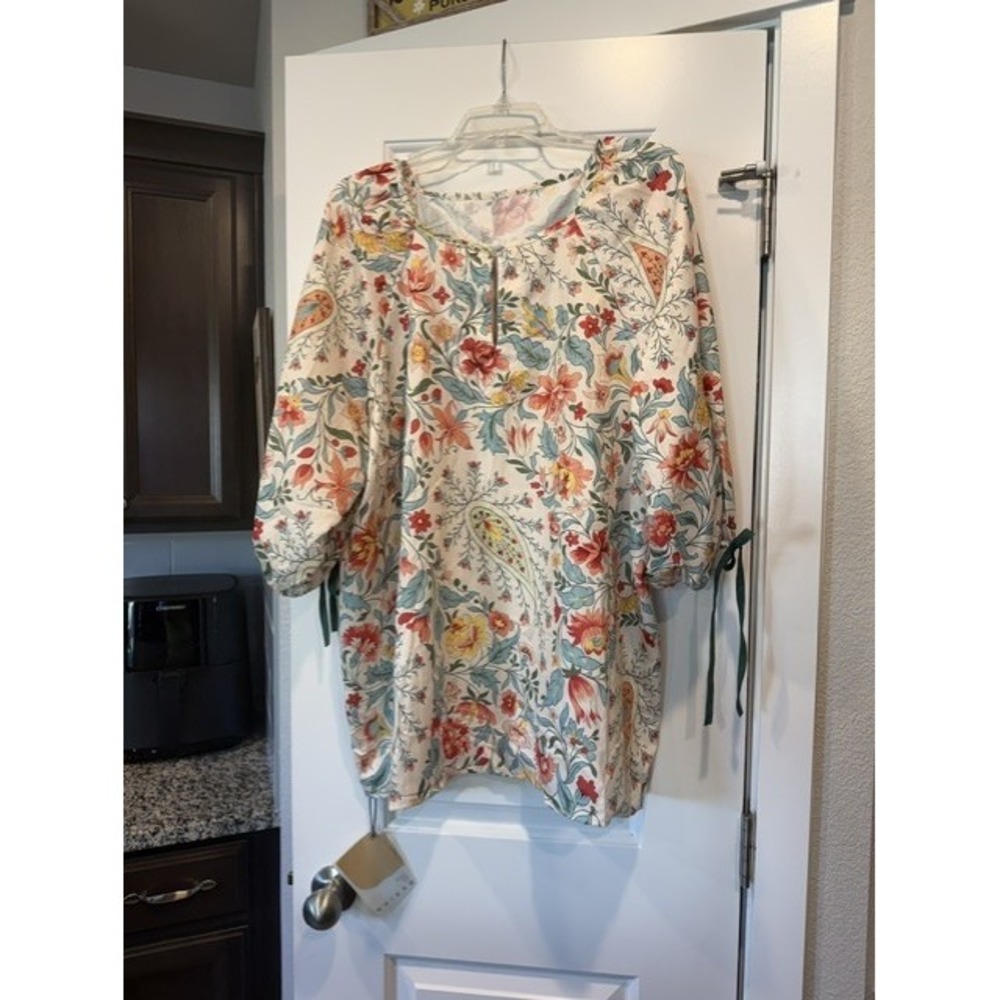 Cherrybetty Floral Paisley 3/4 Sleeve Tie Cuff Blouse Tunic Cream Red 3XL NEW